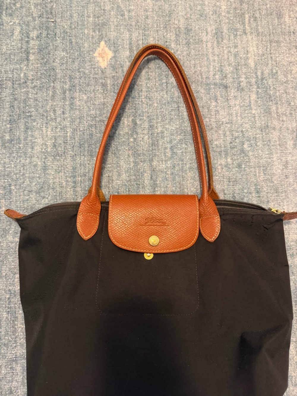 Longchamp Le Pliage Small Black Tote with Brown Leather Trim